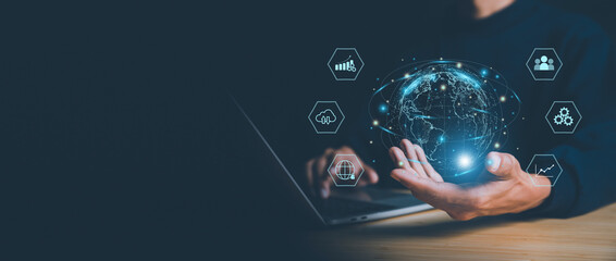 ฺBusinessman holding Global network connection. Big data analytics and business intelligence concept. World map point and line composition concept of global business.