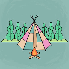 cute icon of camp fire with tradition tent