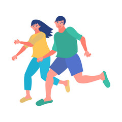 Fototapeta na wymiar 困った顔で走り出す男女。フラットなベクターイラスト。 A man and a woman running off with troubled expressions. Flat designed vector illustration.
