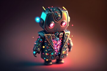 Cute Robot Dons Designer Suit with Diamond Lapel Pin in Cinematic 8K shot by Marcin Nagraba & Rebecca Millen, Illuminated by Neon-Backlight, Generative AI - obrazy, fototapety, plakaty