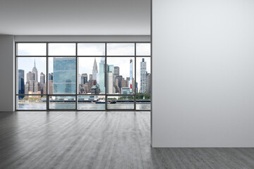 Obraz na płótnie Canvas Midtown New York City Manhattan Skyline Buildings Window Background. Real estate Empty room Interior white mockup wall. Skyscrapers View Cityscape. East Side United Nations Headquarters. 3d rendering