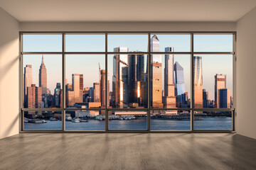 Midtown New York City Manhattan Skyline Buildings from High Rise Window. Beautiful Expensive Real Estate. Empty room Interior Skyscrapers View Cityscape. Sunset. Hudson Yards West Side. 3d rendering