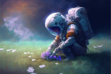 Fototapeta premium Astronaut admiring fallen stars on the grassy field. Fantasy concept , Illustration painting. Generative AI