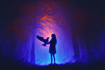 A small girl and her large crow stand in a blue forest with luminous trees. Fantasy concept , Illustration painting. Generative AI