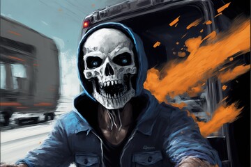 A person wearing a helmet with a skull design drives a truck out of an explosion. Fantasy concept , Illustration painting. Generative AI