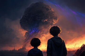 Two siblings surviving in the post-apocalyptic city amidst a storm of ash. Fantasy concept , Illustration painting. Generative AI