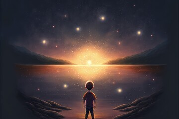 A breathtaking sight of a young child encircled by shimmering heavenly bodies, grasping a radiant star in the nighttime firmament. Fantasy concept , Illustration painting. Generative AI