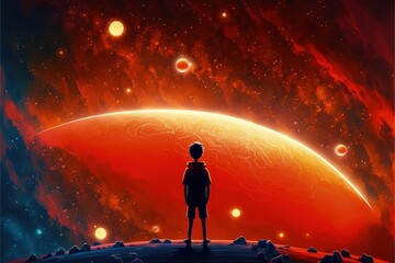 A magnificent view of a child surrounded by shimmering celestial bodies, clutching a glowing star in the dark sky. Fantasy concept , Illustration painting. Generative AI