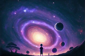 A magnificent view of a child surrounded by shimmering celestial bodies, clutching a glowing star in the dark sky. Fantasy concept , Illustration painting. Generative AI