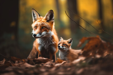 Female fox with a fox cub portrait in a forest