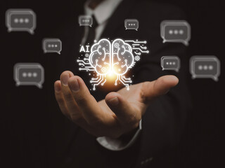 Obraz premium AI Technology Chat with AI Artificial Intelligence Responding to a large number of questions in a short time. computer brain development