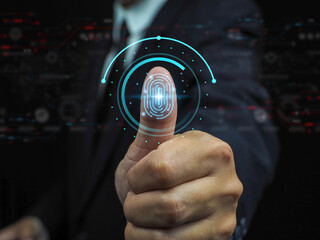 Businessman scanning biometric identity fingerprint Security Identification authentication data access rights