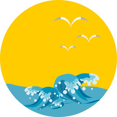 Round icon of water waves with drops. There are some birds flying in the sky.