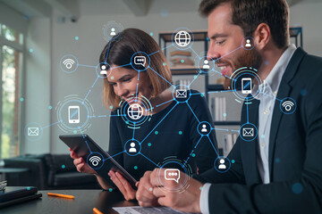 Businesspeople working together at office workplace. Concept of team work, business education, internet surfing, brainstorm, project information technology. Social network hologram