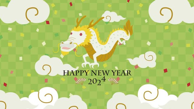 紙吹雪舞う2024年の新年をお祝いする辰年のアニメーションビデオ / ループ可能