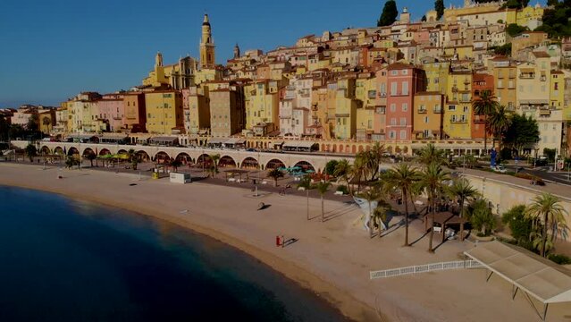 colorful old town Menton on the french Riviera, France. Drone aerial view over Menton France Europe
