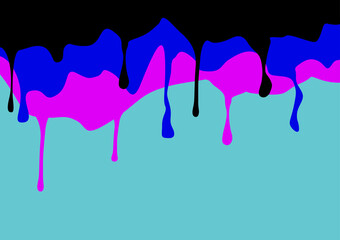 Multi-colored melt drips or liquid paint drops isolated on sky blue background. 