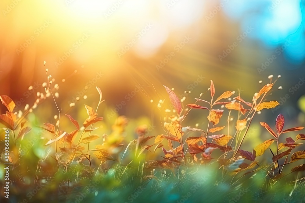 Poster sunny field with blooming flowers and grass. Generative AI