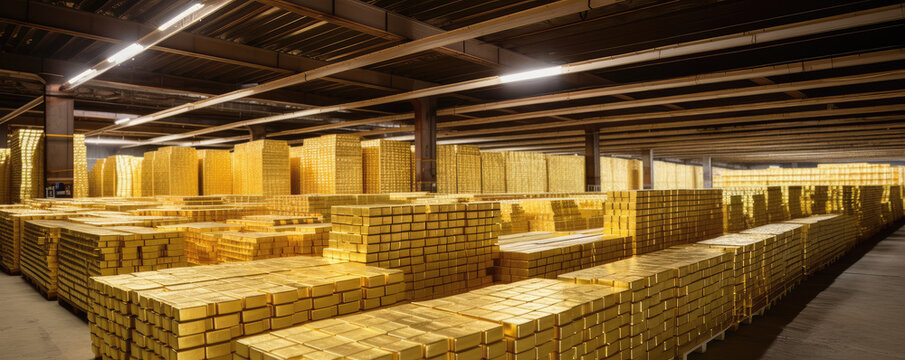 Federal gold resereve, or stashed away gold some where from from WWI or WWII. Gold ingots stacked in a safe ware house or vault. generative AI.  