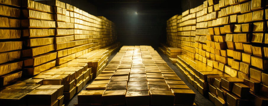 Federal gold resereve, or stashed away gold some where from from WWI or WWII. Gold ingots stacked in a safe ware house or vault. generative AI.  