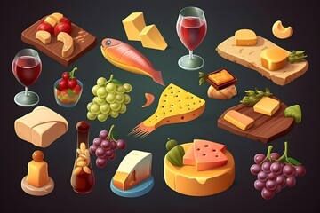 Food cartoon 3d vector icon set. Ear of wheat, milk, meat, fish, cheese, grapes, chocolate, glass of wine
