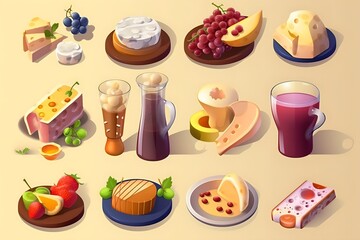 Food cartoon 3d vector icon set. Ear of wheat, milk, meat, fish, cheese, grapes, chocolate, glass of wine
