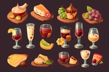 Food cartoon 3d vector icon set. Ear of wheat, milk, meat, fish, cheese, grapes, chocolate, glass of wine
