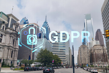 Summer day time cityscape of Philadelphia financial downtown, Pennsylvania, USA. City Hall neighborhood. GDPR hologram, concept of data protection regulation and privacy for all individuals in EU Area