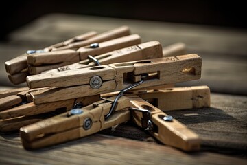 group of wooden clothes pegs on a wooden table. Generative AI
