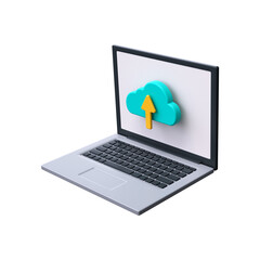 Cloud upload icon. Loading process on laptop screen. Cloud storage and data processing