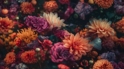 Obraz premium full of colorful flowers in the garden top view, natural living fauna closeup shot, for wallpaper banner, elegant luxury expensive plants, generative ai