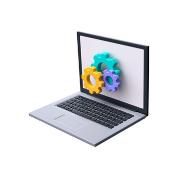 3d Laptop and gears icon. Technical support icon. Computer service.