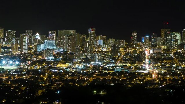 Aerial Lockdown Time Lapse Shot Of Illuminated City Against Clear Sky At Night - Los Angeles, California