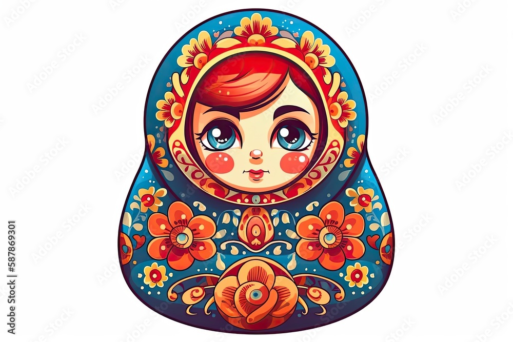 Wall mural traditional Russian nesting doll with red hair and blue eyes. Generative AI