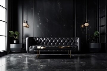 modern living room with a sleek black leather sofa and black walls. Generative AI