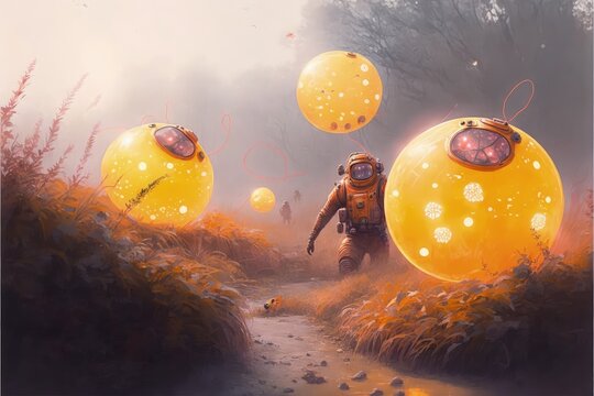 Astronauts stumbled upon unidentified luminescent orbs. Fantasy concept , Illustration painting. Generative AI