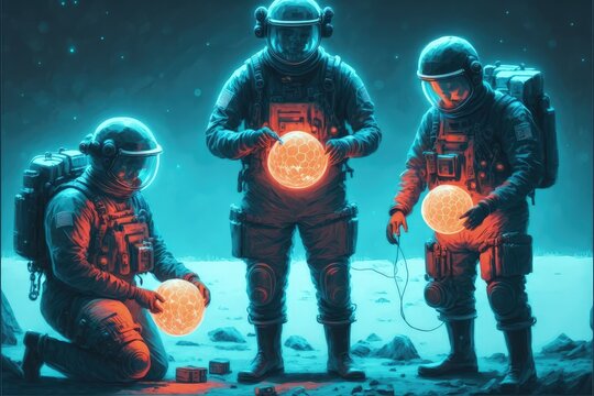 Astronauts stumbled upon unidentified luminescent orbs. Fantasy concept , Illustration painting. Generative AI