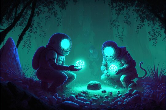 Astronauts stumbled upon unidentified luminescent orbs. Fantasy concept , Illustration painting. Generative AI