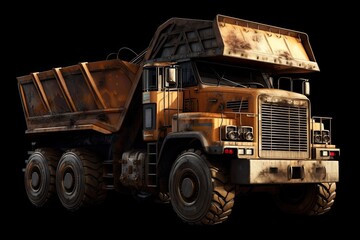 Illustration of an old rusty dump truck against a dark background. Generative AI