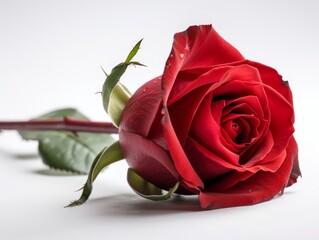 A single red rose on a white background