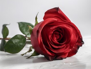 A single red rose on a white background