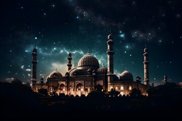 A mosque under a starry night sky created with generative AI tools