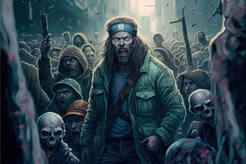 A person wielding arms confronts a horde of undead in a desolate post-apocalyptic world. Fantasy concept , Illustration painting. Generative AI