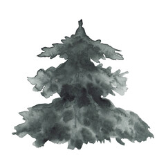 Fototapeta premium black silhouette of christmas tree - hand drawn black watercolor drawing of christmas tree