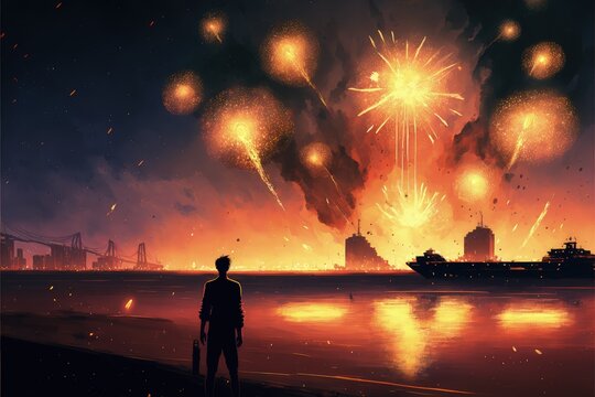 A man admires destroyed vessels on the shore amid a display of pyrotechnics. Fantasy concept , Illustration painting. Generative AI