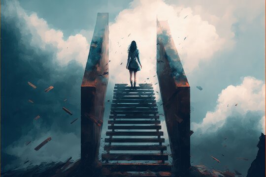 A young woman stands on broken stairs that lead up to the sky. Fantasy concept , Illustration painting. Generative AI