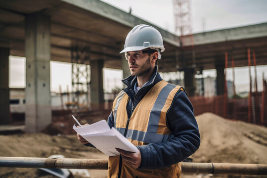 Worker wearing a hard hat and safety glasses on a construction site, holding paper work and plans.