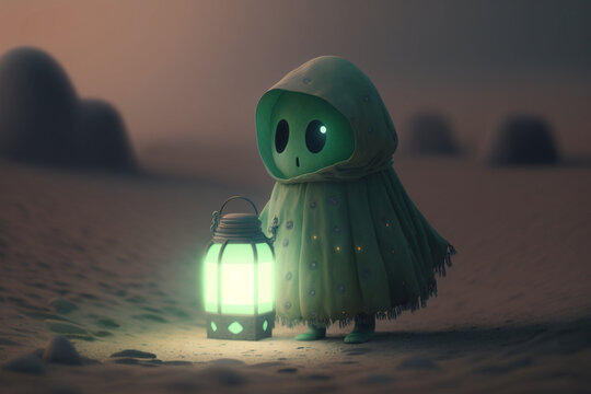 cute dot matrix ghost walking down the beach. In his hand, he holds a Lantern that is glowing with a soft shimmering green light, Generative AI	