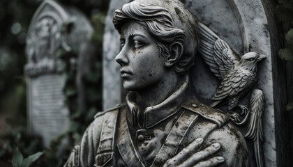 Fototapeta na wymiar Gothic sculpture in old cemetery depicts spirituality generated by AI