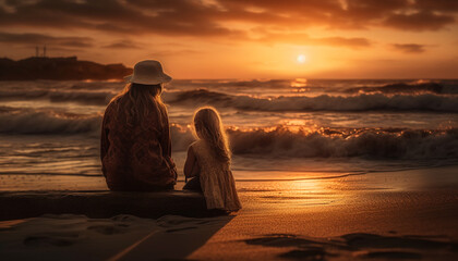 Family embracing on beach at sunset generated by AI